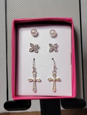 Pearl, Crystal Flower & Cross Earring Set